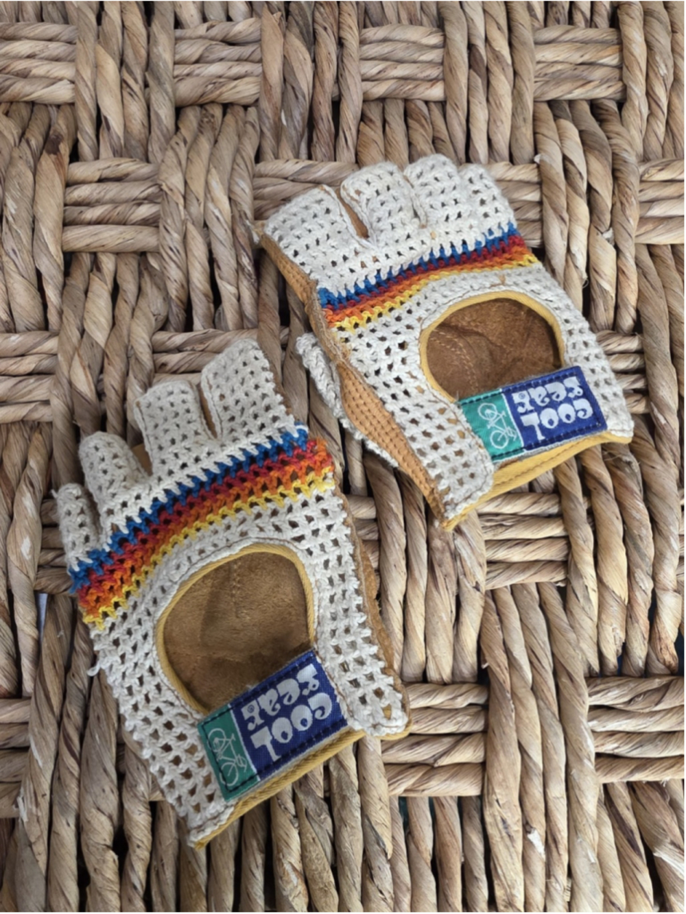 Vintage Cool Gear Colorful Crochet Sz Small Camel Leather Bicycle Racing Gloves